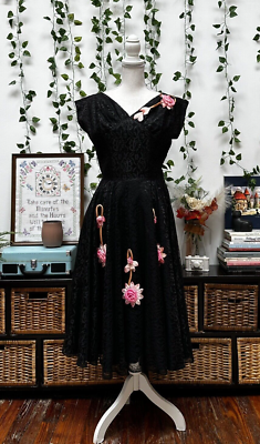 Vintage 40s Evening Cocktail Dress Black Lace Flowers Prom Party Side Zip  XS/S | eBay