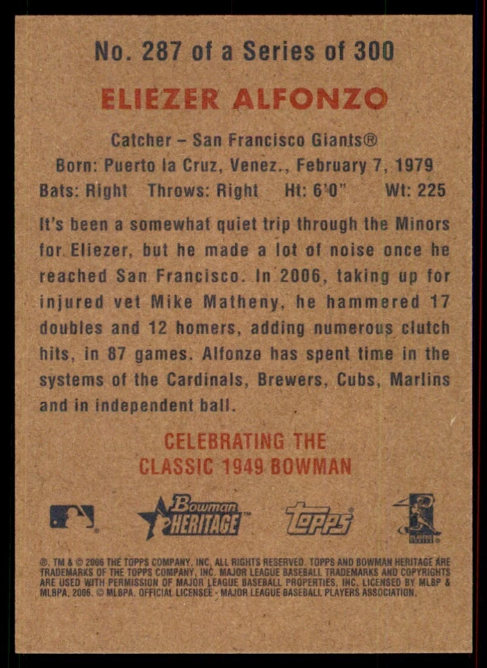 2006 Bowman Heritage Eliezer Alfonzo RC San Francisco Giants #287 - Image 2 of 2