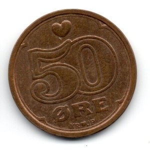 Denmark 1990, Crown of Christian V (1646-1699) in center, 50 ØRE 1