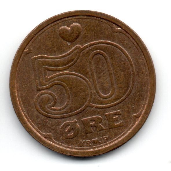 Denmark 1990, Crown of Christian V (1646-1699) in center, 50 ØRE 3