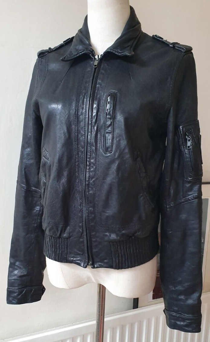 ***GORGEOUS***ALL SAINT SNITCH BLACK LEATHER JACKET, UK10, US6, EU38