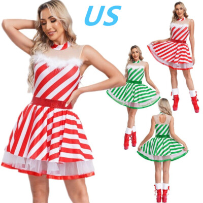 US Women's Christmas Striped Tutu Dress Xmas Candy Cane Cosplay Fancy Dress 