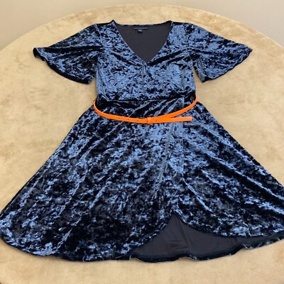 American Eagle Outfitters Womens Blue Velvet V Neck Belted A Line Dress  Size XS | eBay