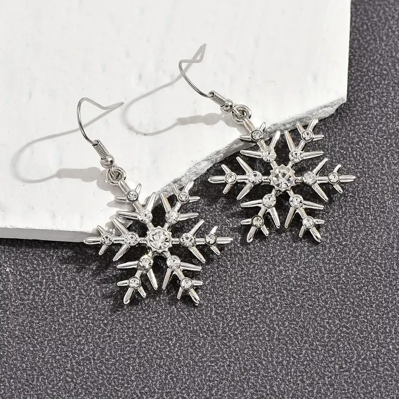 Silvery Snowflake Shiny Rhinestone Dangle Earrings Fashion Jewelry Trendy Women - Image 3 of 4