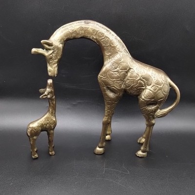 Vtg Solid Brass Mother & Baby Giraffe Figurines Heavy  8  Mama  5  Standing Baby