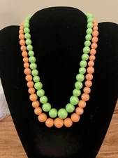 Two Faux Pearl Necklaces Bright Green and Orange Beautiful Shine 19" Statement