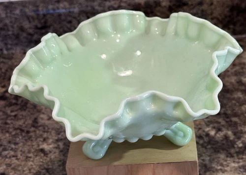 Westmorland Vtg Milk Glass Paneled Grape Jadeite Three Footed Ruffled Candy Dish