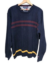 Vintage Tommy Hilfiger Men's LARGE Navy Crew Neck Sweater Preppy Chunky Knit