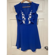 NEW Lulus Adventure Royal Blue Floral Embroidered Skater Dress Ruffle V Neck M