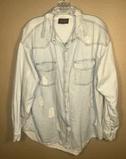Risen Denim Jacket Sz L Light Wash Distressed Pearl Snap Trucker Long Sleeve 10-