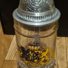 Glas-Bierkrug mit Zinndeckel Klappdeckel, Wappenmotiv, Bier & Brauerei