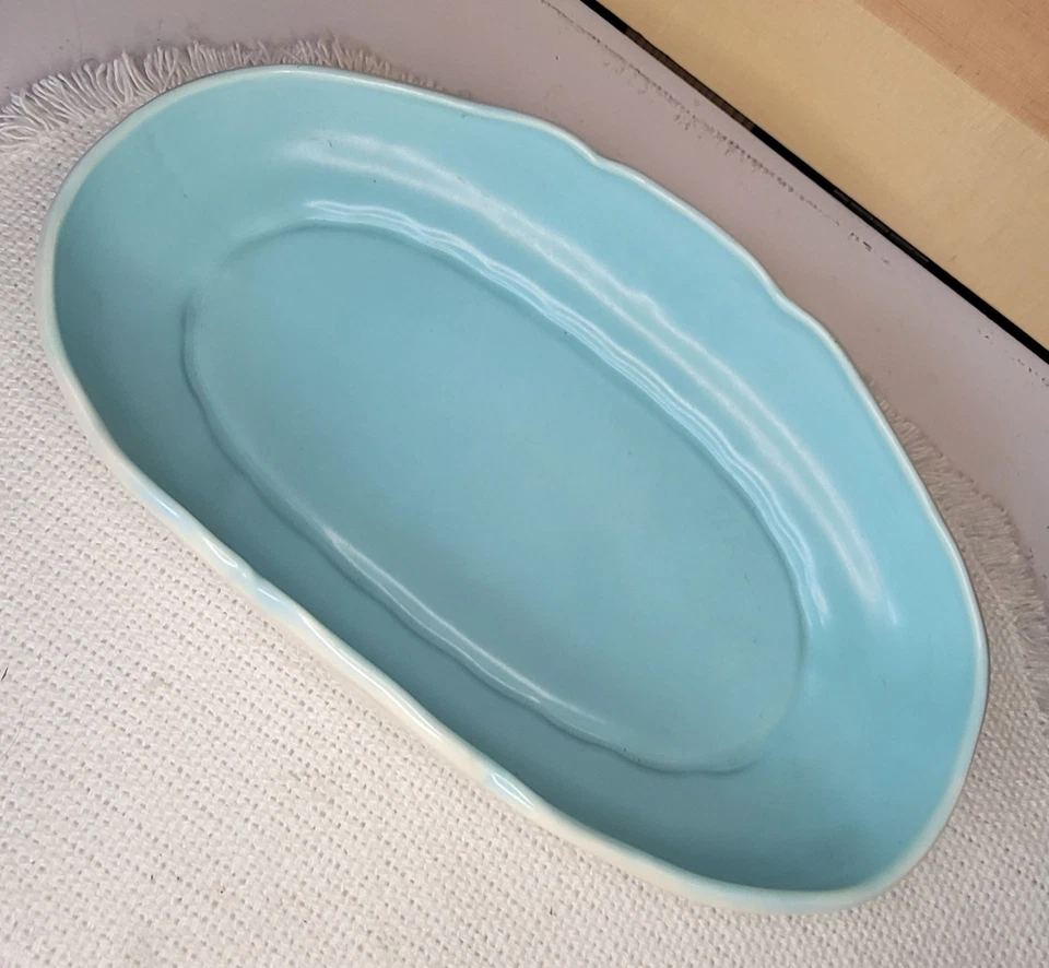 Vintage Art Deco Weller Style Oblong Planter Bowl Scalloped Rim Aqua Interior - Image 1 of 4
