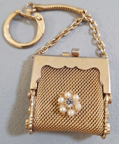 Vintage Gold-tone Metal Mesh Mini Purse Keychain, Rhinestone & Faux Pearl Flower