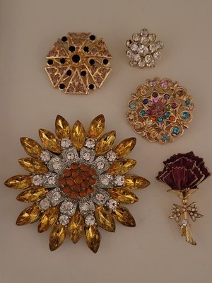 Yellow Rhinestone Flower Red Carnation Florals Brooch Lot FREE SHIPPING P229