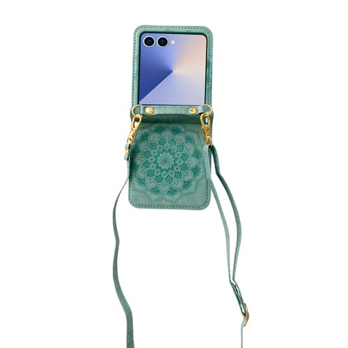 For Samsung Galaxy Z Flip 7 6 5 4 Mandala Flower Leather Case w/ Shoulder Strap - Picture 2 of 29
