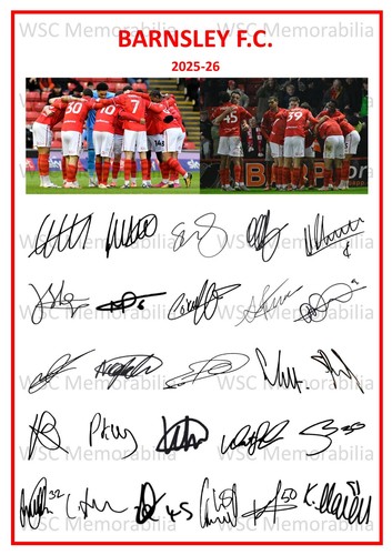 12239. 2025-26 Barnsley Signed Team Photo Sheet (PRINTED AUTOGRAPH - A4)