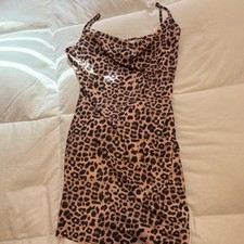 Leopard Print Brown Black Cowl Neck Strappy Sleeveless Mini Slip Dress