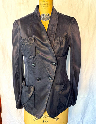 Donna Karan Women s Blue Cupro Mid-Length Button Jacket EU 44 Pockets