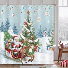 Christmas Shower Curtain, Santa Claus Sleigh Reindeer Xmas Tree Winter Holida...