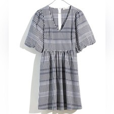 MADEWELL Poplin V-Neck Bubble-Sleeve br Mini Dress in Plaid SZ 2 NWOT
