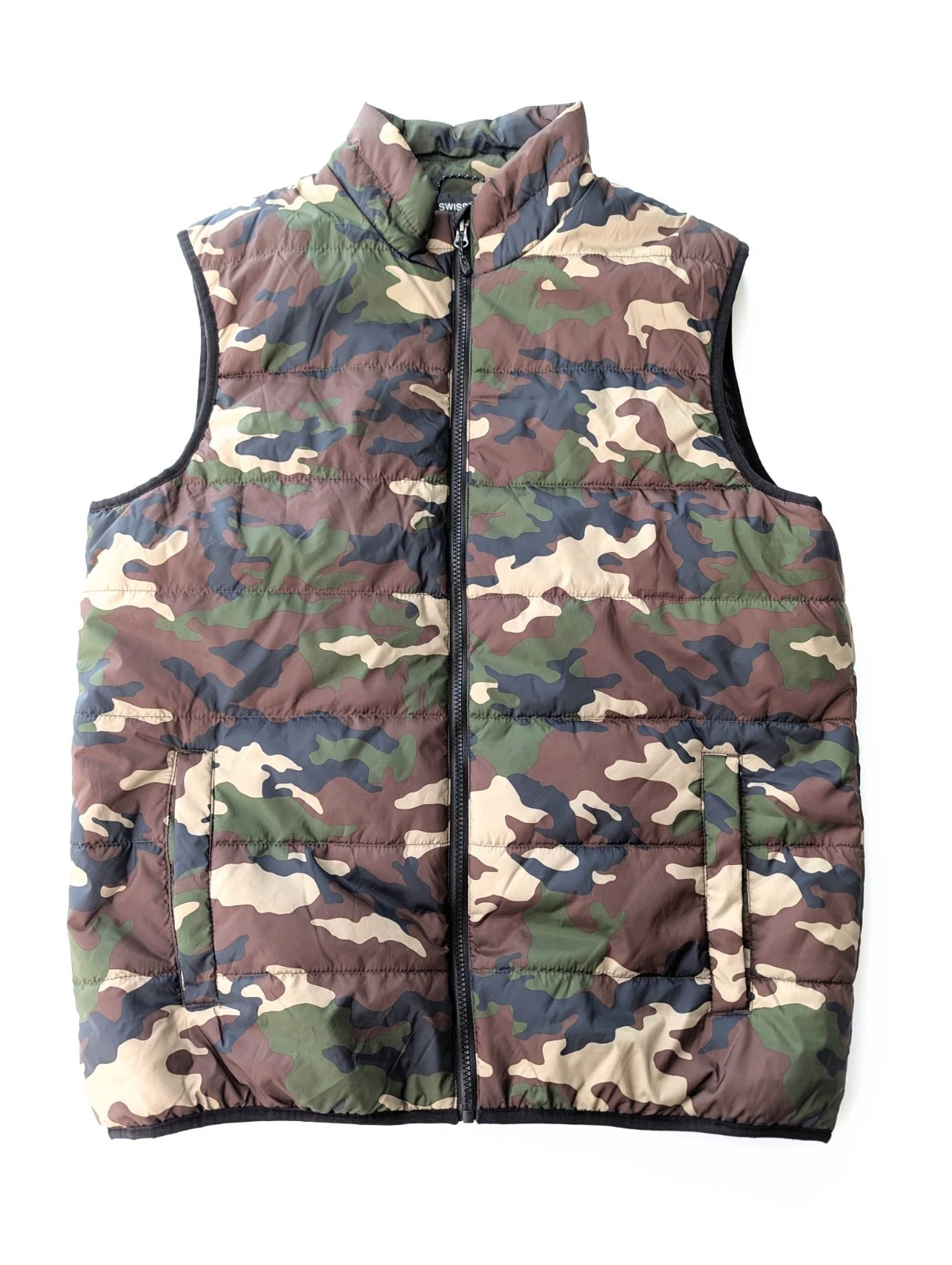 Swiss Tech Green Brown Camouflage Puffer Vest Full Zip Lightweight Insulated