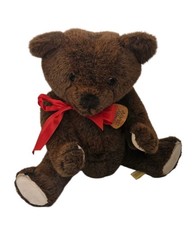 1983 Elegante by Dakin Brown Jointed Teddy Bear Leather Tag Red Bow 21" Vintage