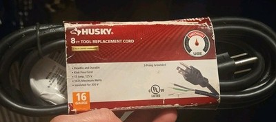 Husky 8 ft Tool Replacement Cord 16 AWG 3-Prong Grounded Black Copper 125V