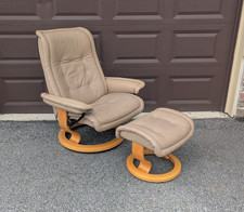 Ekornes Stressless Large ROYAL "Sand" Paloma Leather Swivel Recliner and Ottoman