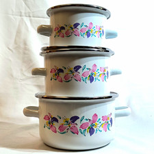 Vintage Floral Enamelware Nesting Pots Set of 3 with Lids Pink Purple Flowers