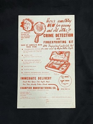Vintage Crime Detection Fingerprinting Kit Dealer Sheet 1950s OKC Legal