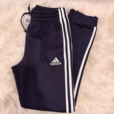 Adidas Men's Navy Blue Essentials Fleece Tapered Cuff 3-Stripes Pants New S