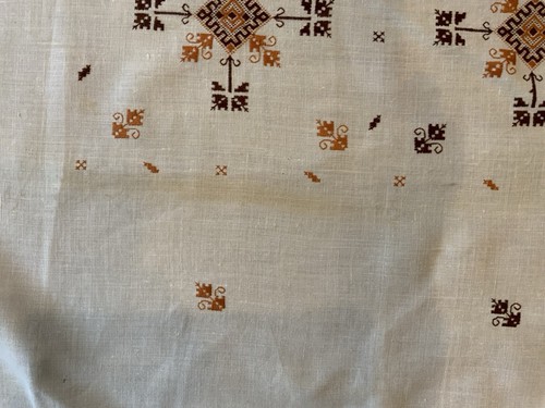 Antique Vintage Square Tablecloth, Linen, Geometric Embroidery Design, Off White - Picture 12 of 23