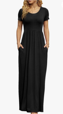DB Moon Black L Maxi Long Dress Black Waisted Short Sleeve Round Neck  Pockets | eBay