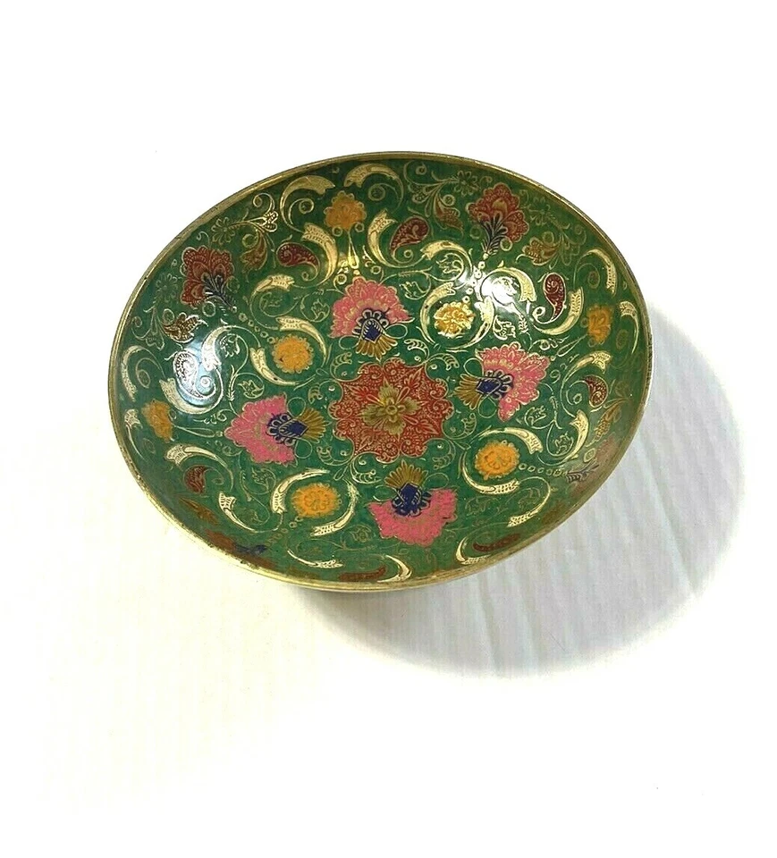 Hermoso Antiguo Latón Esmalte Cuenco Pedestal Mughal Moradad Plato Cloisonne Dorado Foto 2 de 4