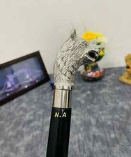 Antique Victorian Designer Brass Wolf Head Handle Wooden Walking Stick Cane Gift