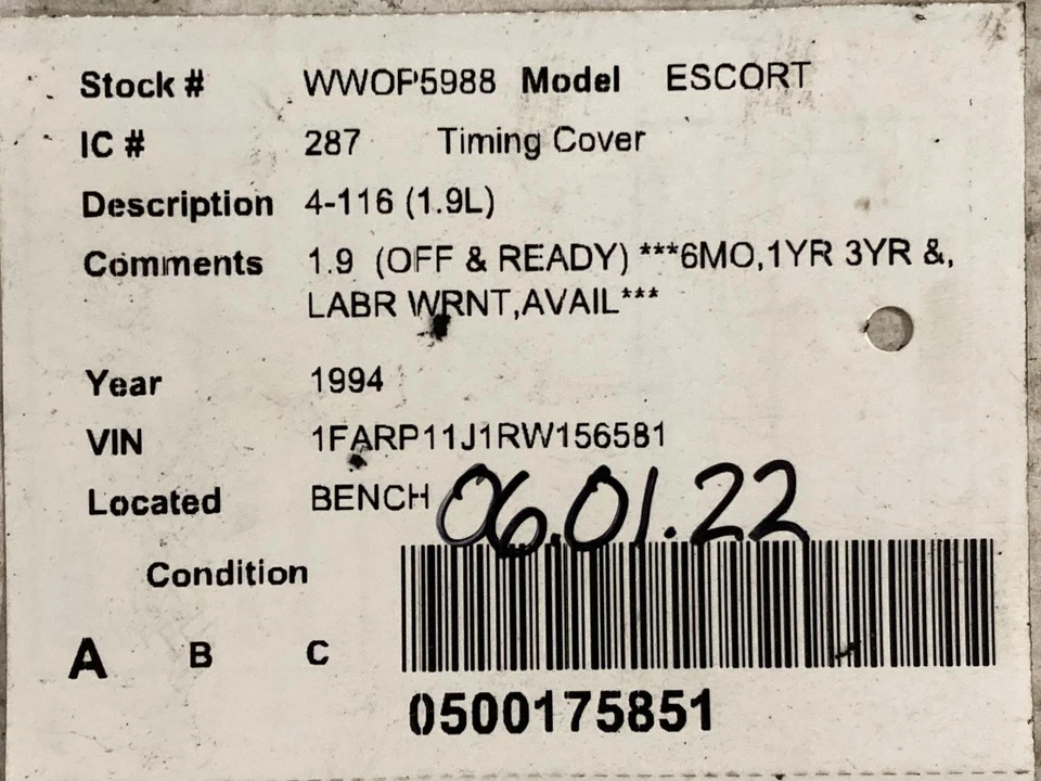 Used Engine Timing Cover fits: 1994 Ford Escort 4-116 1.9 Grade A Foto 3 de 4