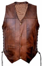 Mens Biker Moto Rider Vintage Distressed Brown Leather Vest Motorcycle Top Upper