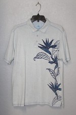 Tommy Bahama Men LARGE Polo Shirt Bird Of Paradise Floral S/S Heather Light Blue