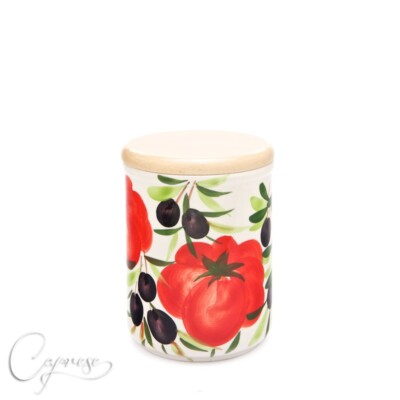 Bassano Ceramic Storage Container With Tomato And Olive Motif 17.5 Cm High 1.5L