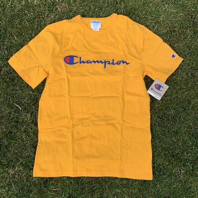 #ad Champion T Shirt Script Logo Embroidered Spell Out Yellow — Men’s Size Medium $13.00