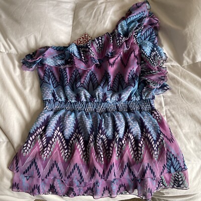Sugar 17 One shoulder fashion stylish peacock sheer blouse, sz Large New w/tag