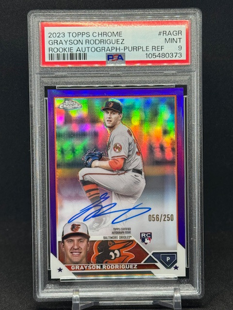 2023 Topps Chrome GRAYSON RODRIGUEZ Purple Rookie Auto Refractor / 250  PSA 9