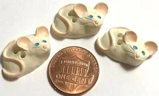 3 JHB Hand-Painted Resin Off-white Pink Blue Mouse Buttons 23mm 7/8" Long 12542