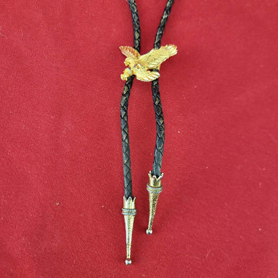 Vintage Gold Tone Native Eagle Bolo Leather Neck Tie Necklace