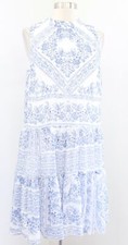 Calvin Klein Blue White Paisley Print Tiered Tie Mock Neck Shift Dress Size 10