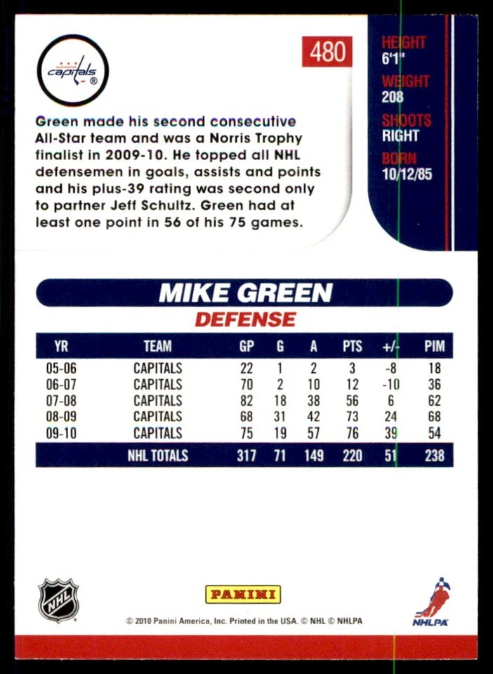 2010-11 Score Mike Green Washington Capitals #480 - Image 2 of 2