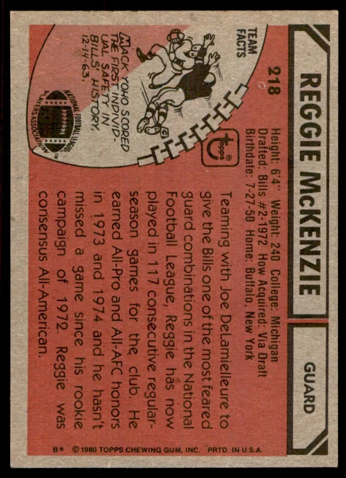 1980 TOPPS REGGIE MCKENZIE BUFFALO BILLS #218 - Image 2 of 2