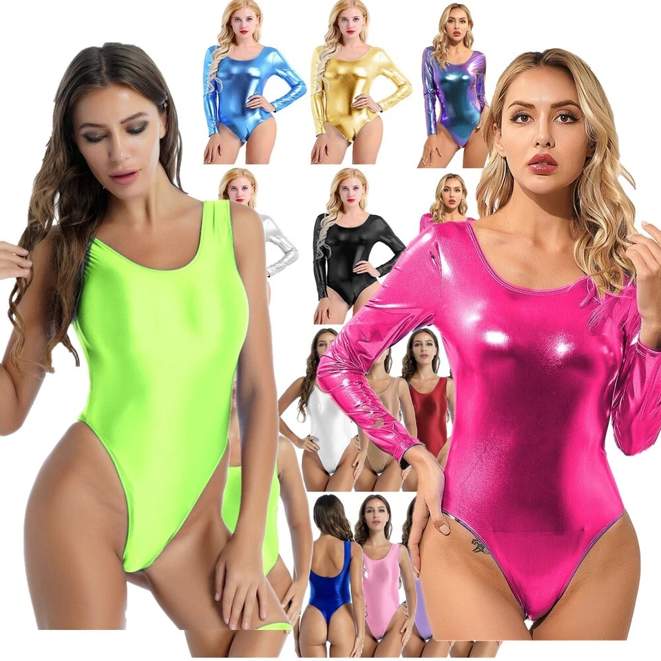 DE*Damen Metallic Body Lackleder Bodysuits Catsuit Langarm/Kurzarm Turnanzug - Bild 2 von 3