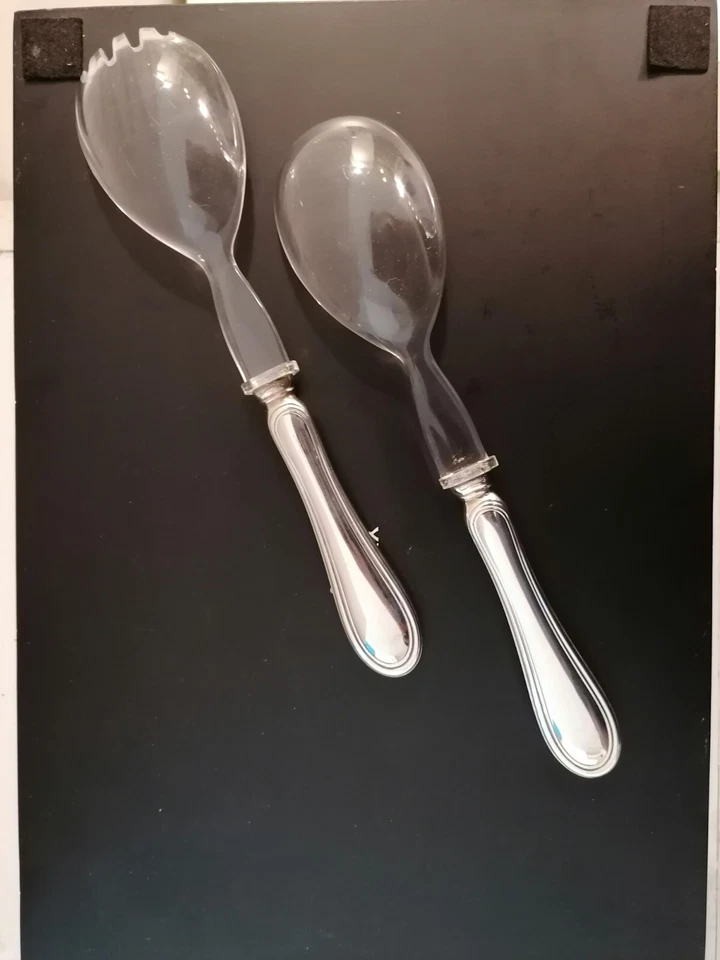 Argento e perspex, coppia posate per insalata stile inglese, manico in argento - Immagine 2 di 4