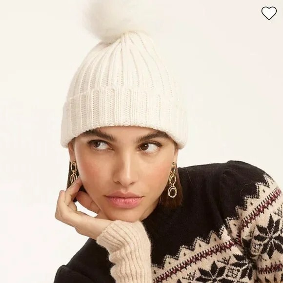 NWT J Crew Ivory Cream Ribbed Knit Wool Blend Fur Pom Pom 
